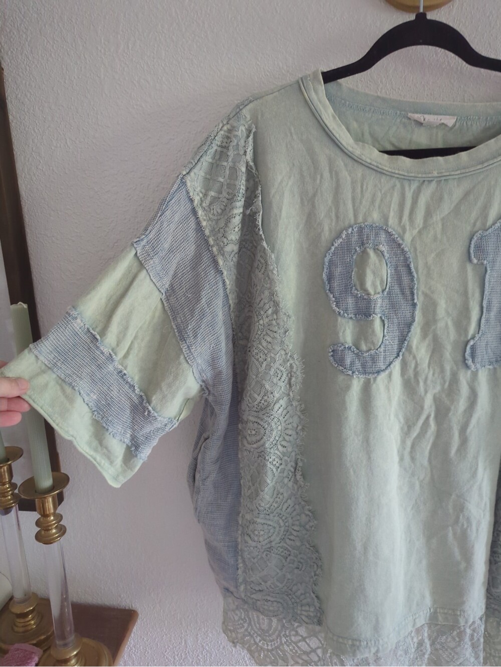 OLI & HALI Gray Patchwork Mixed Media Waffle Knit Oversized Boxy Top XL Varsity - Picture 4 of 8